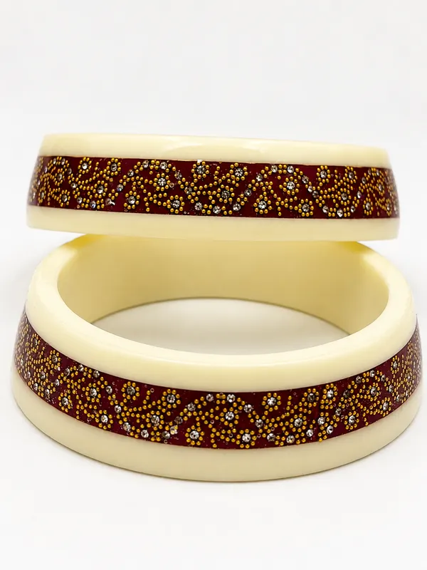 Cream_And_Maroon_Lac_Embellished_Bangles_For_Women