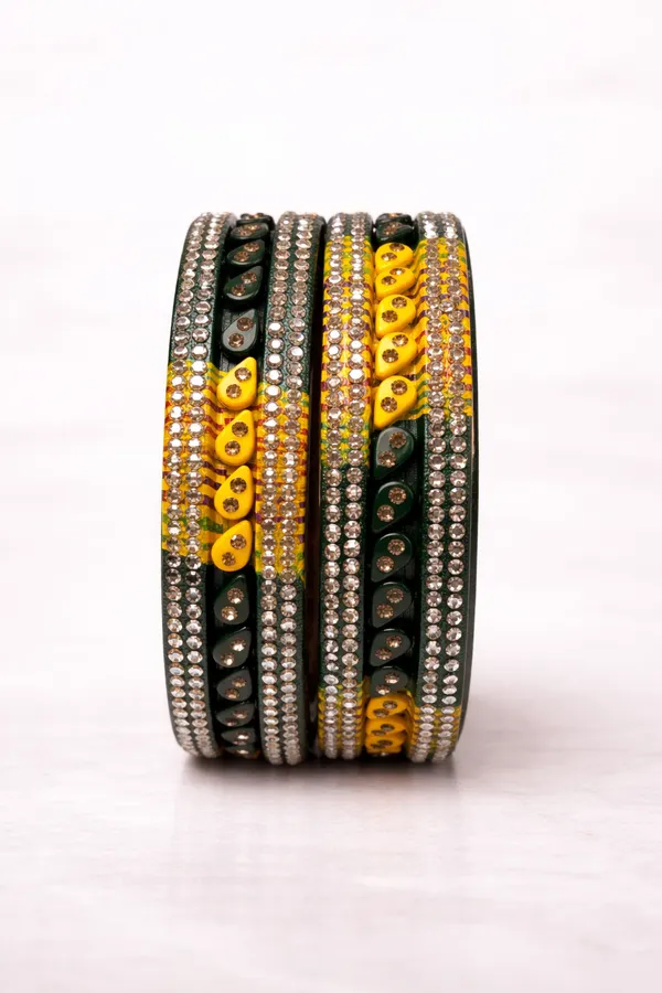 Green_And_Yellow_Lac_Crystal_Rhinestone_Embellished_Bangle_Set_For_Women