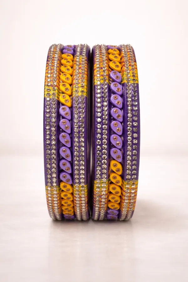 Purple_And_Yellow_Lac_Silk_Thread_Rhinestone_Bangles_For_Women