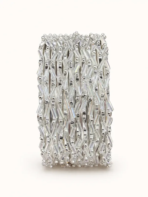 Silver_Metal_Beaded_Stretch_Mesh_Bangle_Set_For_Women