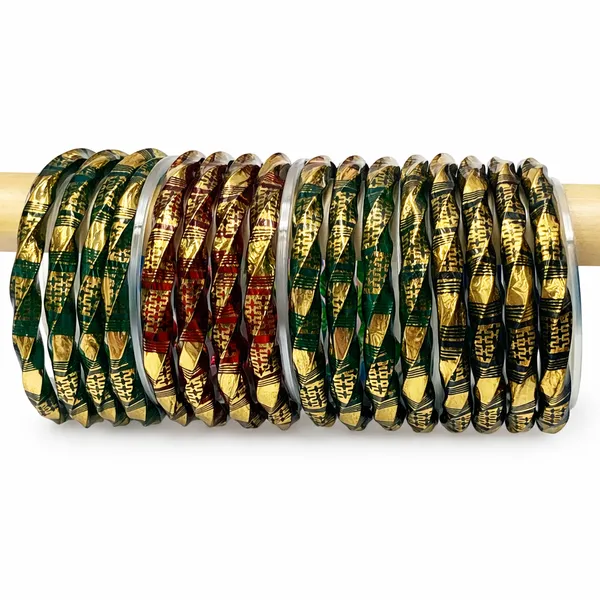 Green_And_Red_Glass_Metallic_Embossed_Bangle_Set_Of_16_For_Women