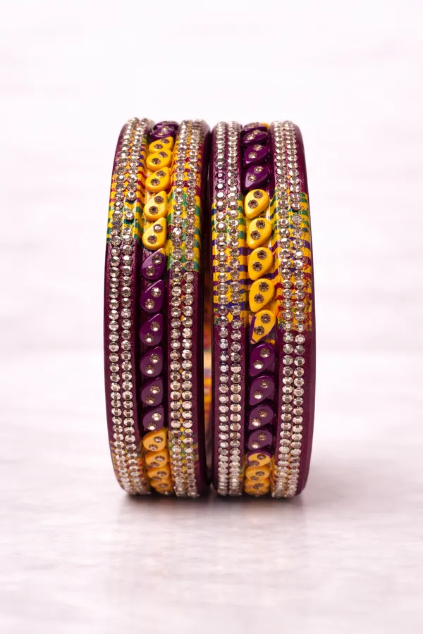 Purple_And_Yellow_Lac_Rhinestone_Embellished_Bangles_For_Women