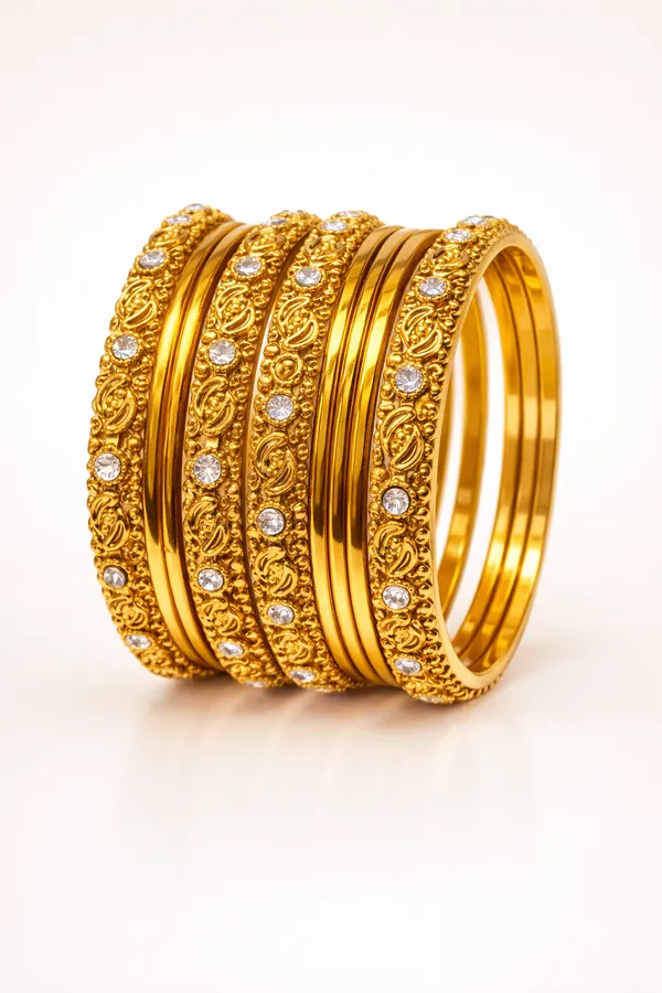 Gold_Metal_Textured_Stone_Embellished_Bangles_For_Women