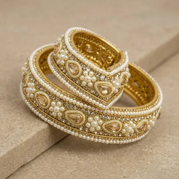 Gold_And_White_Brass_Kundan_Pearl_Embellished_Bangles_Set_For_Women
