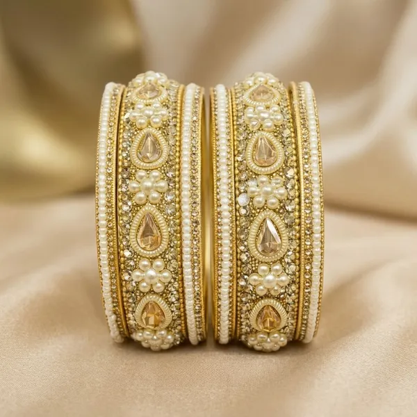 Gold_And_White_Brass_Kundan_Pearl_Embellished_Bangles_Set_For_Women
