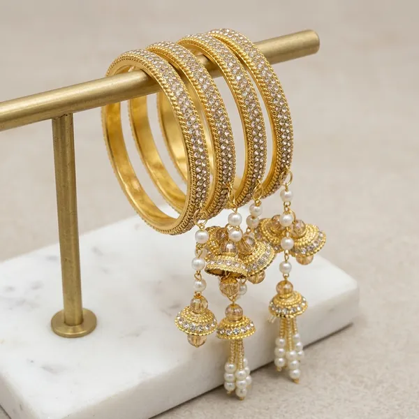 Gold_Plated_Metal_Crystal_Studded_Bangles_With_Pearl_Jhumka_For_Women