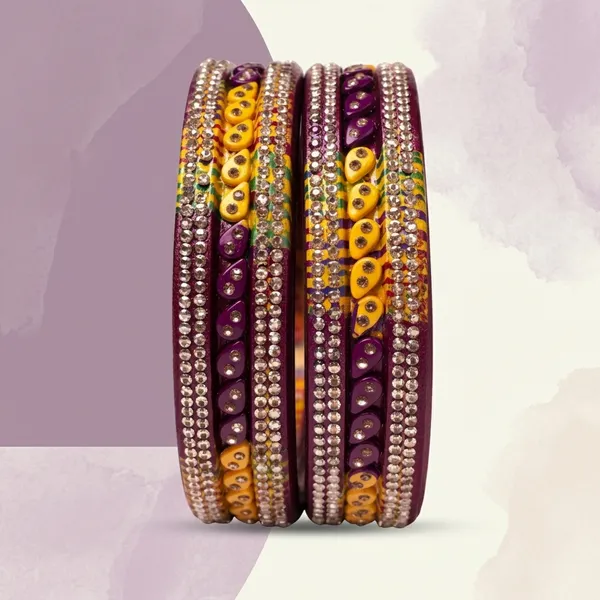 Purple_And_Yellow_Lac_Rhinestone_Embellished_Bangles_For_Women