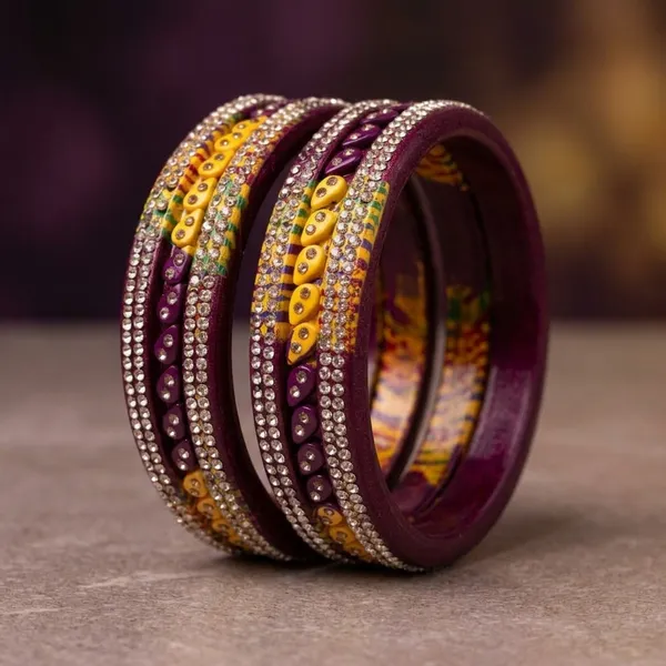 Purple_And_Yellow_Lac_Rhinestone_Embellished_Bangles_For_Women