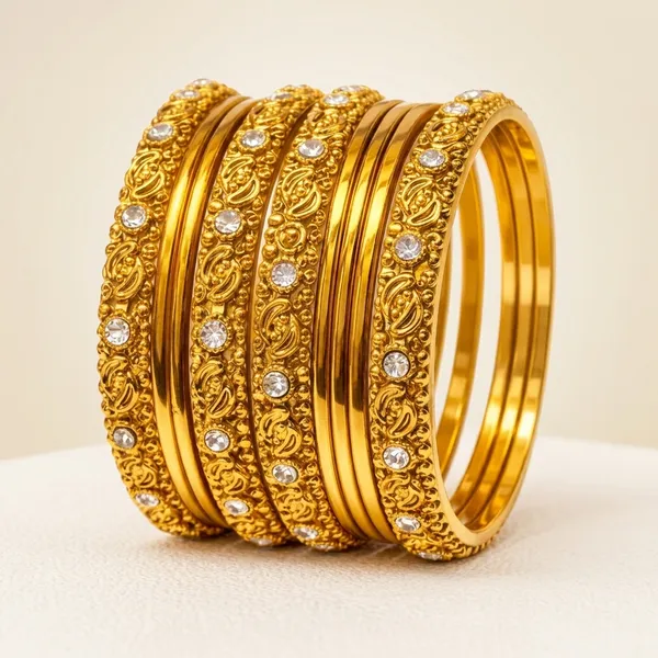 Gold_Metal_Textured_Stone_Embellished_Bangles_For_Women