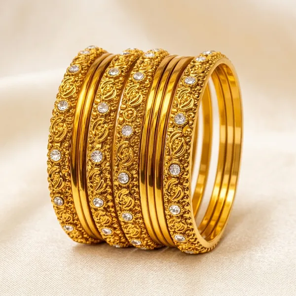 Gold_Metal_Textured_Stone_Embellished_Bangles_For_Women
