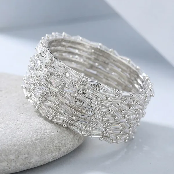 Silver_Metal_Beaded_Stretch_Mesh_Bangle_Set_For_Women