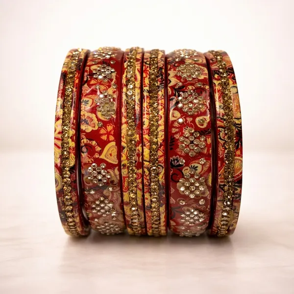 Red_Lac_Gold_Embellished_Enamel_Floral_Bangle_Set_For_Women