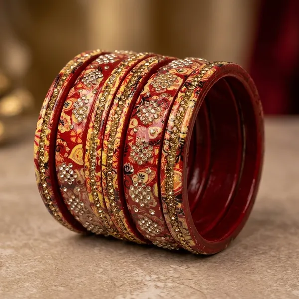 Red_Lac_Gold_Embellished_Enamel_Floral_Bangle_Set_For_Women