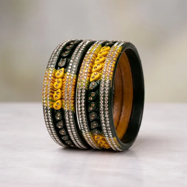 Green_And_Yellow_Lac_Crystal_Rhinestone_Embellished_Bangle_Set_For_Women