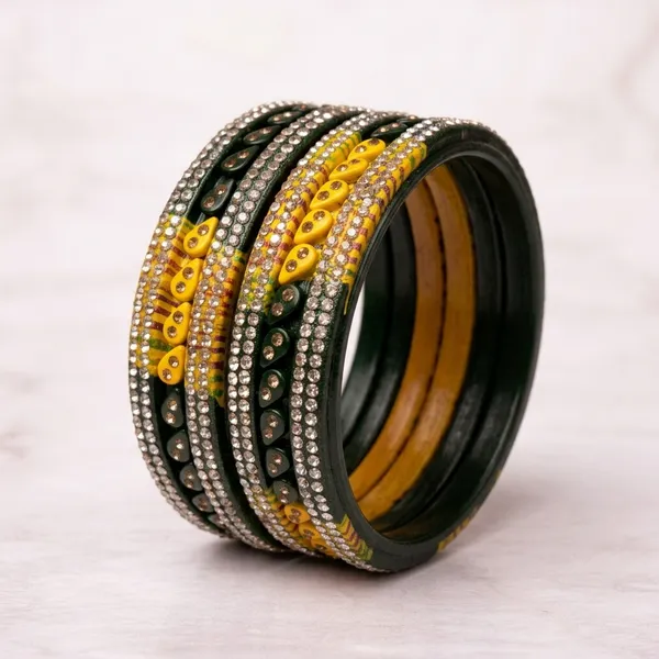 Green_And_Yellow_Lac_Crystal_Rhinestone_Embellished_Bangle_Set_For_Women