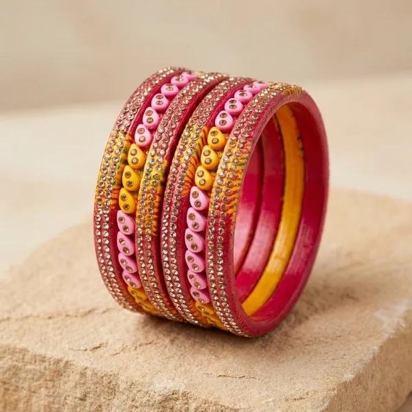 Pink_And_Yellow_Lac_Stone_Embellished_Festive_Bangle_Set_For_Women