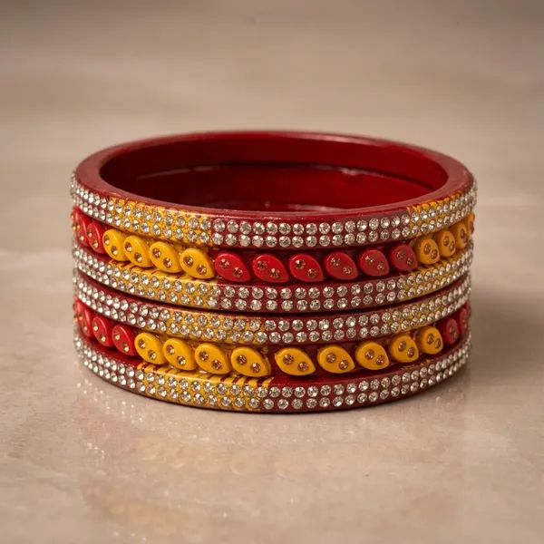 Red_And_Yellow_Lac_Crystal_Studded_Paisley_Bangle_Set_For_Women