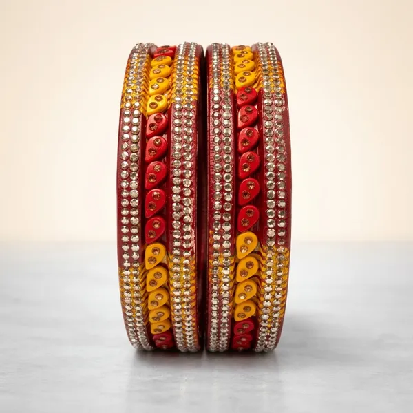 Red_And_Yellow_Lac_Crystal_Studded_Paisley_Bangle_Set_For_Women