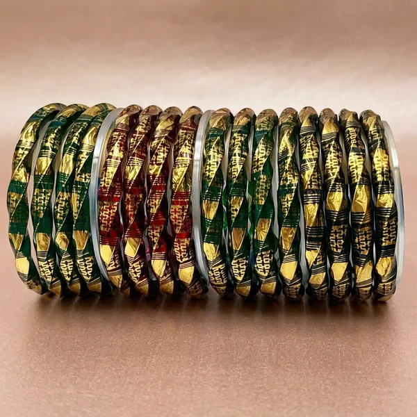 Green_And_Red_Glass_Metallic_Embossed_Bangle_Set_Of_16_For_Women