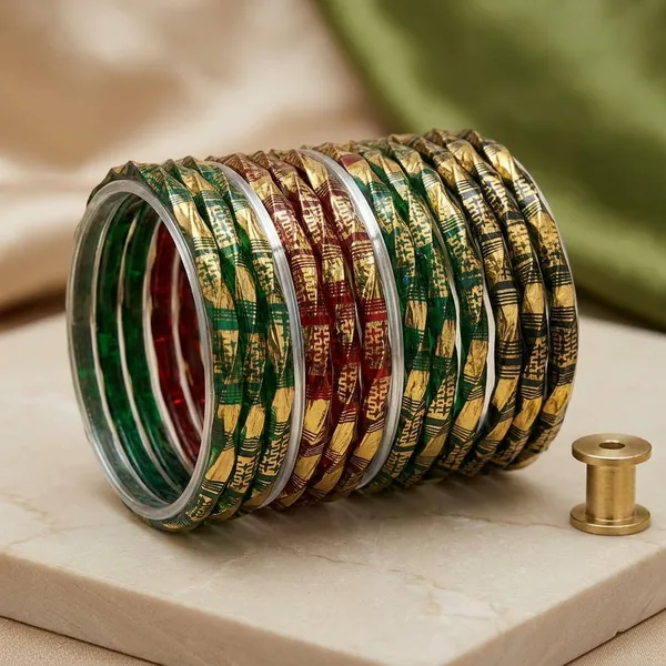 Green_And_Red_Glass_Metallic_Embossed_Bangle_Set_Of_16_For_Women
