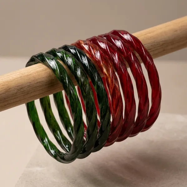 Red_And_Green_Glass_Twisted_Bangle_Set_Of_8_For_Women