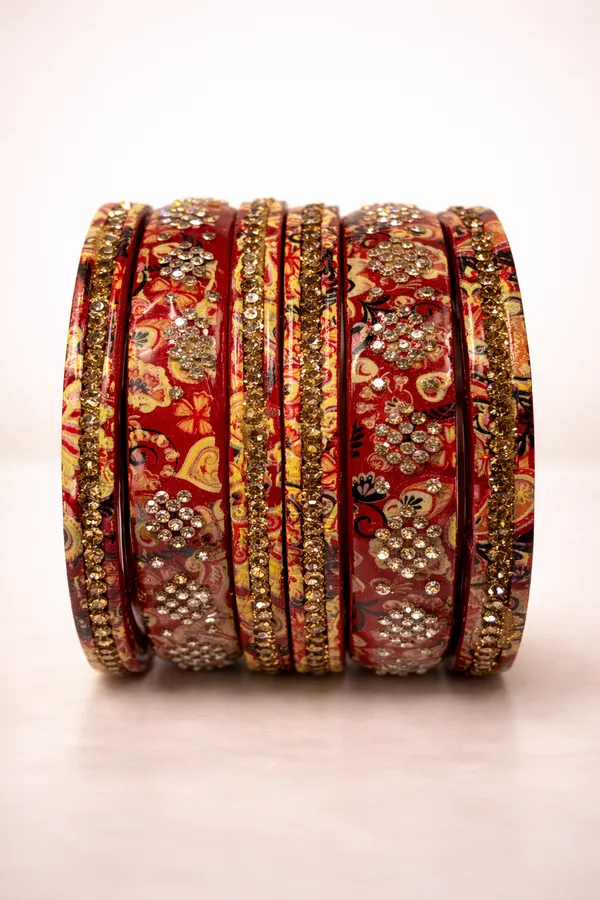 Red_Lac_Gold_Embellished_Enamel_Floral_Bangle_Set_For_Women