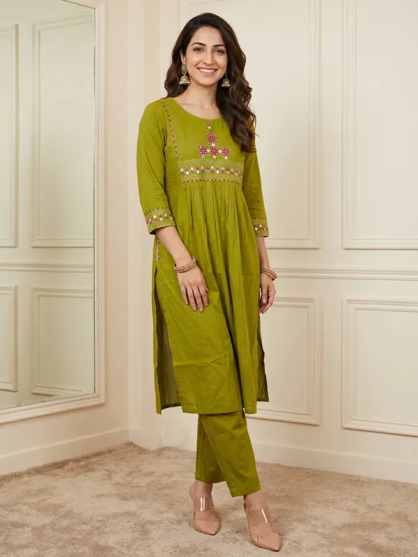 Olive_Green_Embroidered_A-Line_Kurta_With_Pants_Set_For_Women