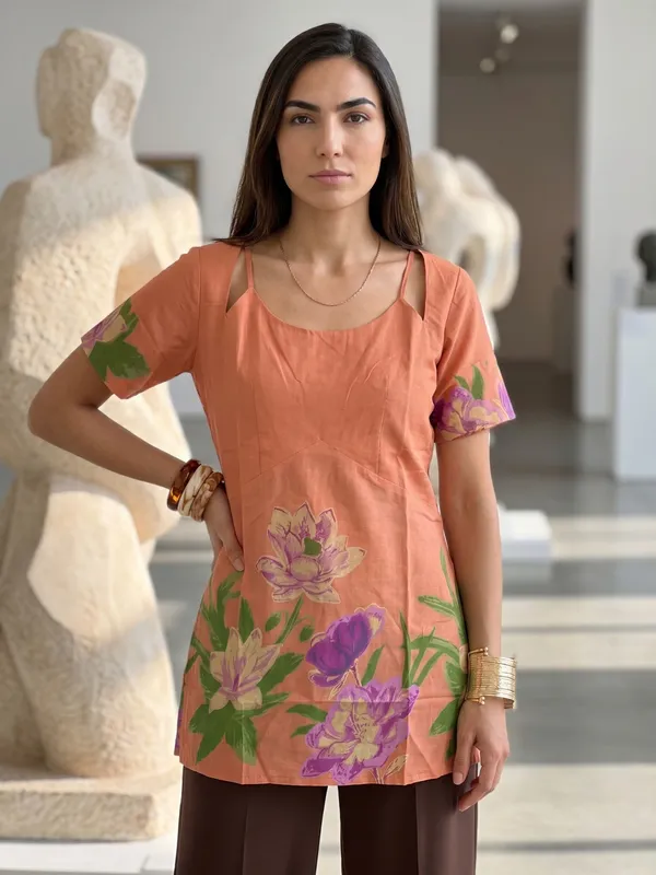 Peach_Floral_Print_Cold_Shoulder_Tunic_Top_For_Women