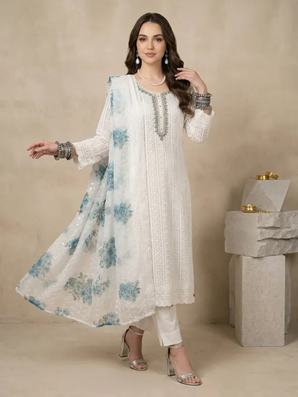 White_Blue_Chikankari_Embroidered_Georgette_Unstitched_Suit_Set_With_Floral_Dupatta_For_Women
