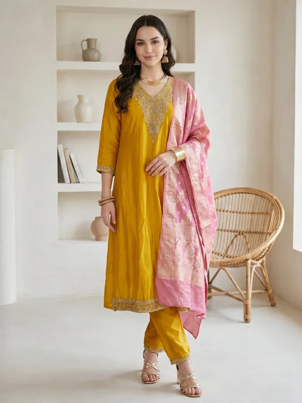 Mustard_Yellow_Chanderi_Silk_Embroidered_Kurta_Set_With_Pink_Dupatta