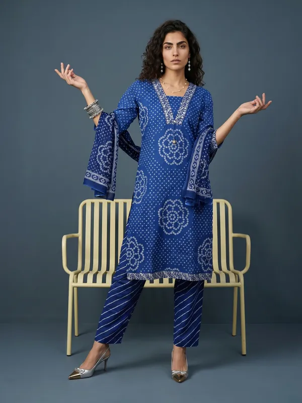 Blue_Bandhani_Print_Cotton_Kurta_Pant_Set_For_Women
