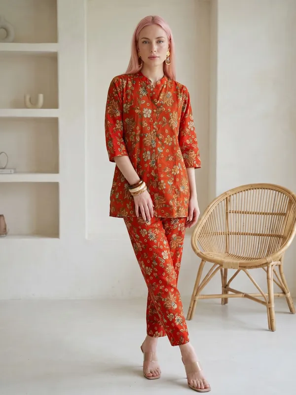Orange_Floral_Printed_Cotton_Co-Ord_Set_For_Women