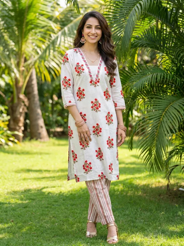 White_And_Red_Floral_Print_Cotton_Kurta_Set_For_Women