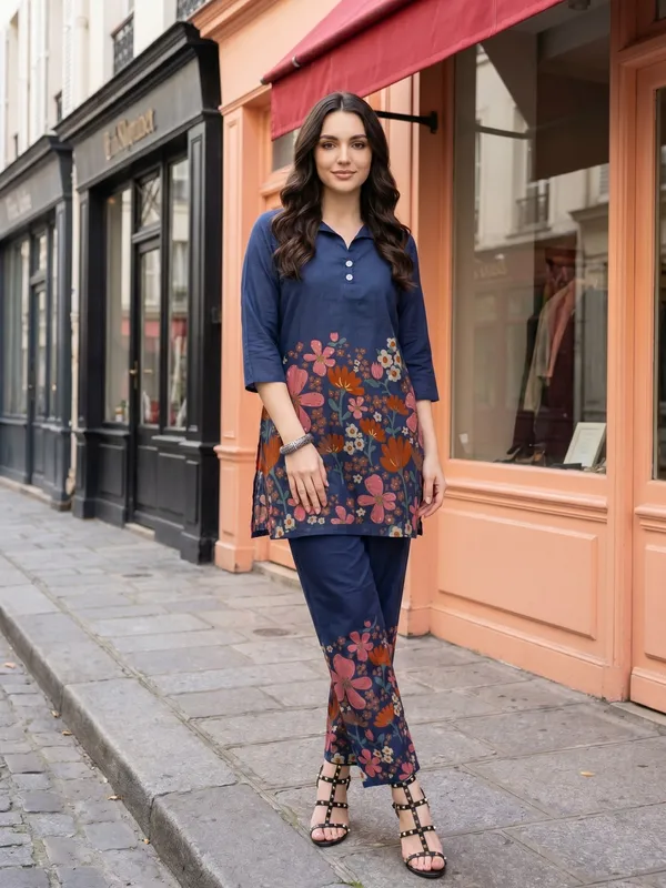Navy_Blue_Floral_Printed_Tunic_Set_For_Women
