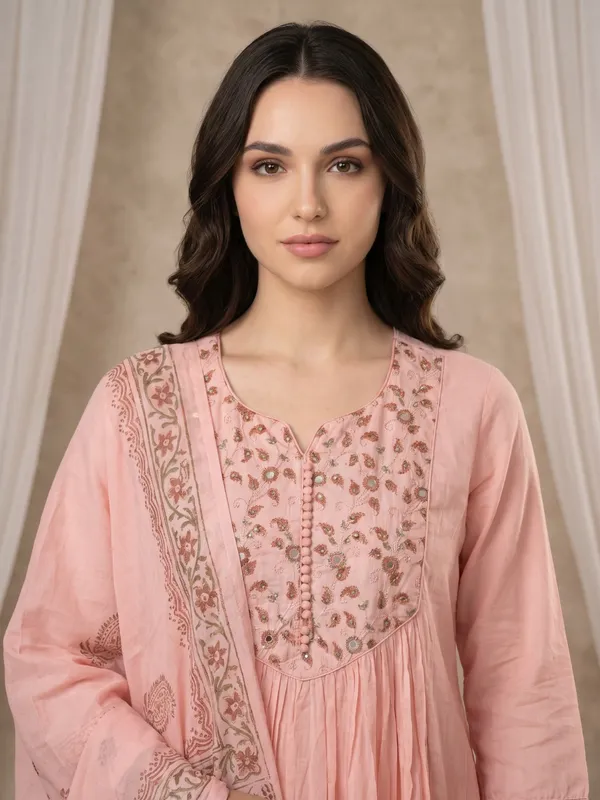 Pink_Mul_Chanderi_Embroidered_Anarkali_Kurta_Set_With_Mirror_Work_For_Women