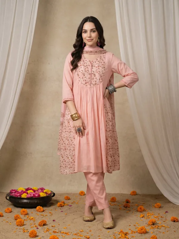 Pink_Mul_Chanderi_Embroidered_Anarkali_Kurta_Set_With_Mirror_Work_For_Women