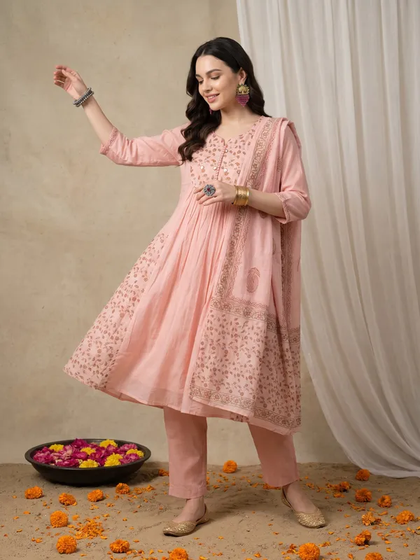 Pink_Mul_Chanderi_Embroidered_Anarkali_Kurta_Set_With_Mirror_Work_For_Women