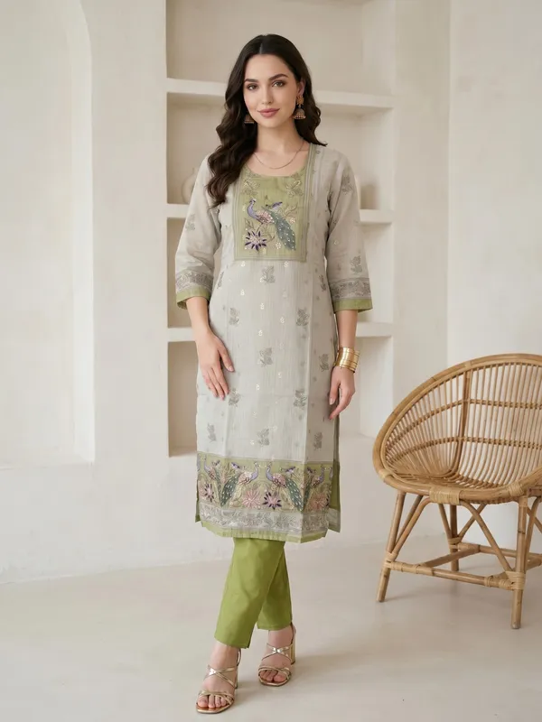 Beige_And_Green_Kota_Doria_Embroidered_Kurta_Set_For_Women