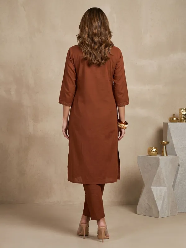 Brown_Embroidered_Angrakha_Cotton_Kurta_Set_For_Women