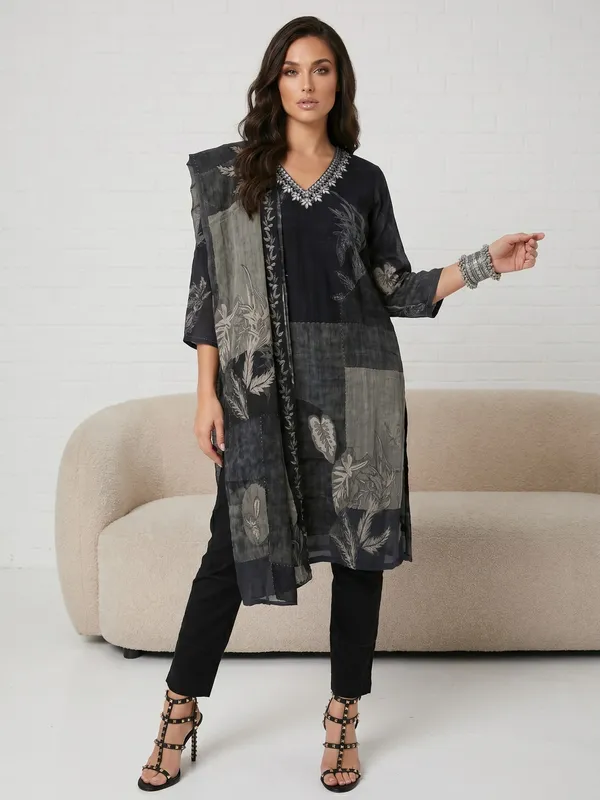 Black_Floral_Print_Sheer_Overlay_Pure_Crepe_Kurta_Set_For_Women