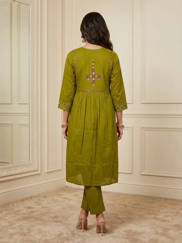Olive_Green_Embroidered_A-Line_Kurta_With_Pants_Set_For_Women