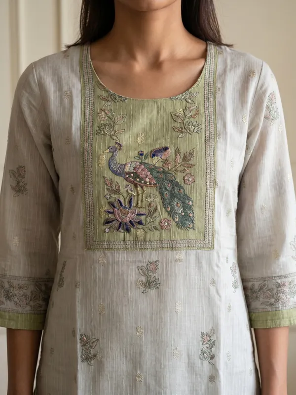Beige_And_Green_Kota_Doria_Embroidered_Kurta_Set_For_Women