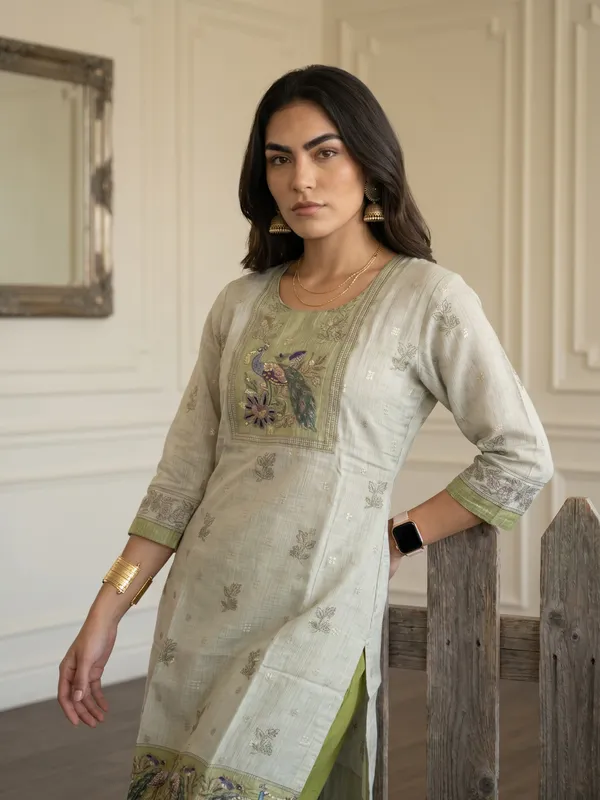 Beige_And_Green_Kota_Doria_Embroidered_Kurta_Set_For_Women