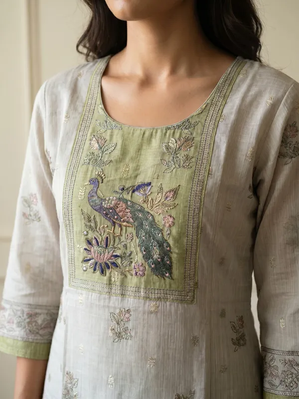 Beige_And_Green_Kota_Doria_Embroidered_Kurta_Set_For_Women