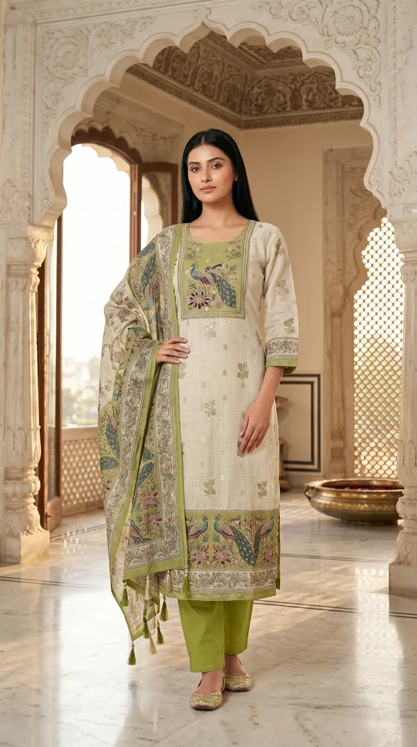 Beige_And_Green_Kota_Doria_Embroidered_Kurta_Set_For_Women