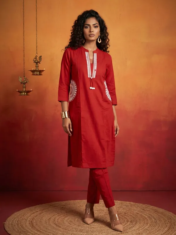 Red_Cotton_Embroidered_Straight_Kurta_Set_For_Women