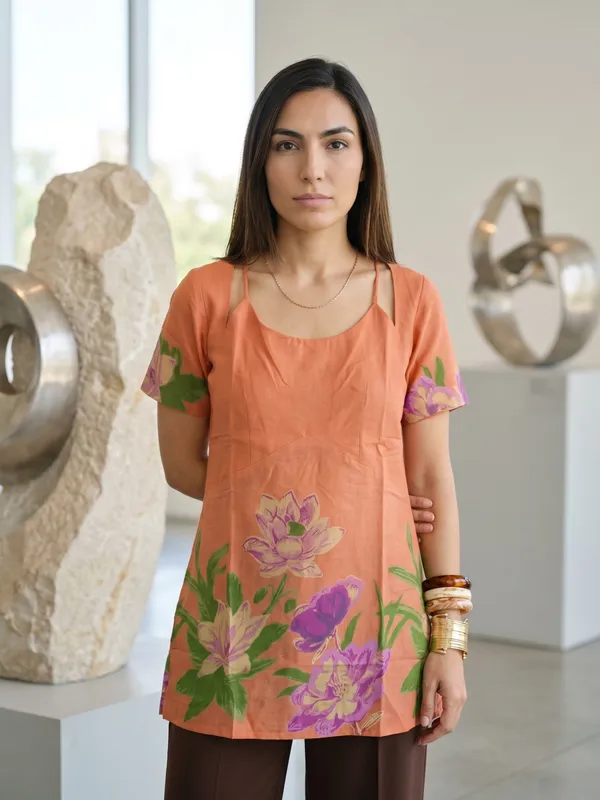 Peach_Floral_Print_Cold_Shoulder_Tunic_Top_For_Women
