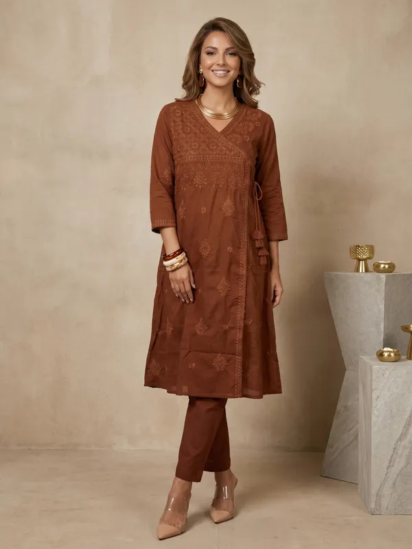 Brown_Embroidered_Angrakha_Cotton_Kurta_Set_For_Women