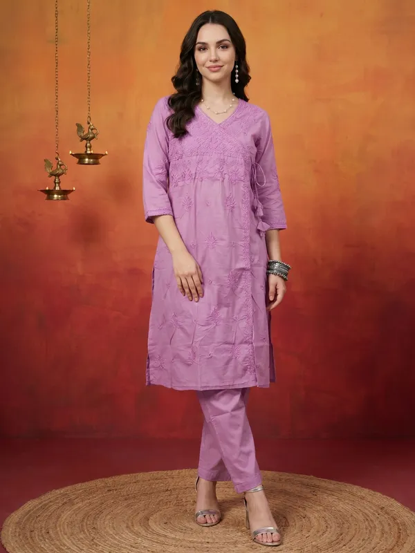 Lavender_Embroidered_Angrakha_Kurta_Set_For_Women