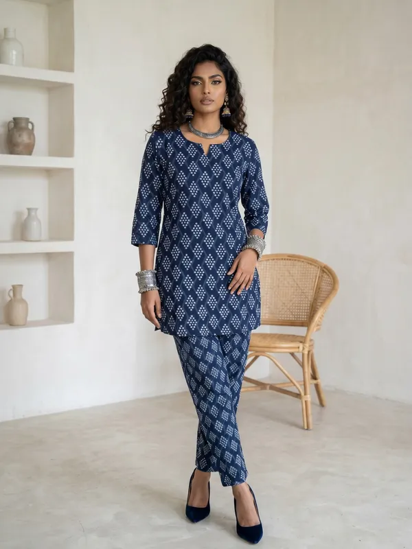 Indigo_Blue_Cotton_Printed_Kurta_Set_For_Women